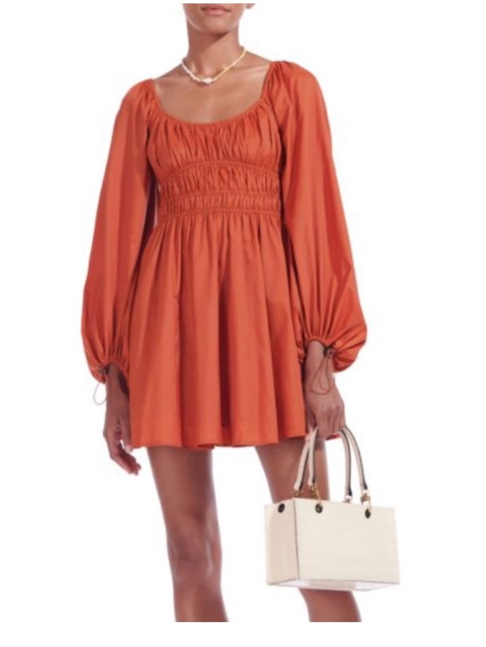 STAUD "Bow" Puff Sleeve Smocked Mini Dress Size 2